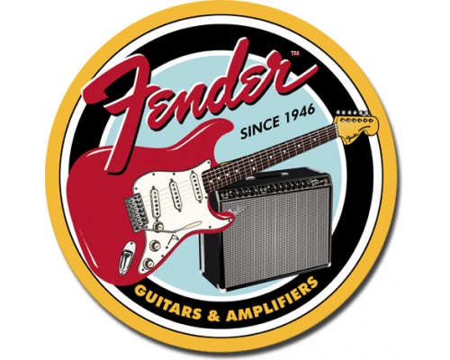 Enseigne Fender en métal  ronde / Guitare et Ampli